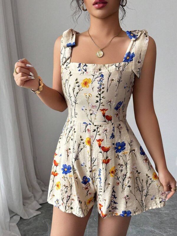 Printed Bow-Waist Holiday Jumpsuit